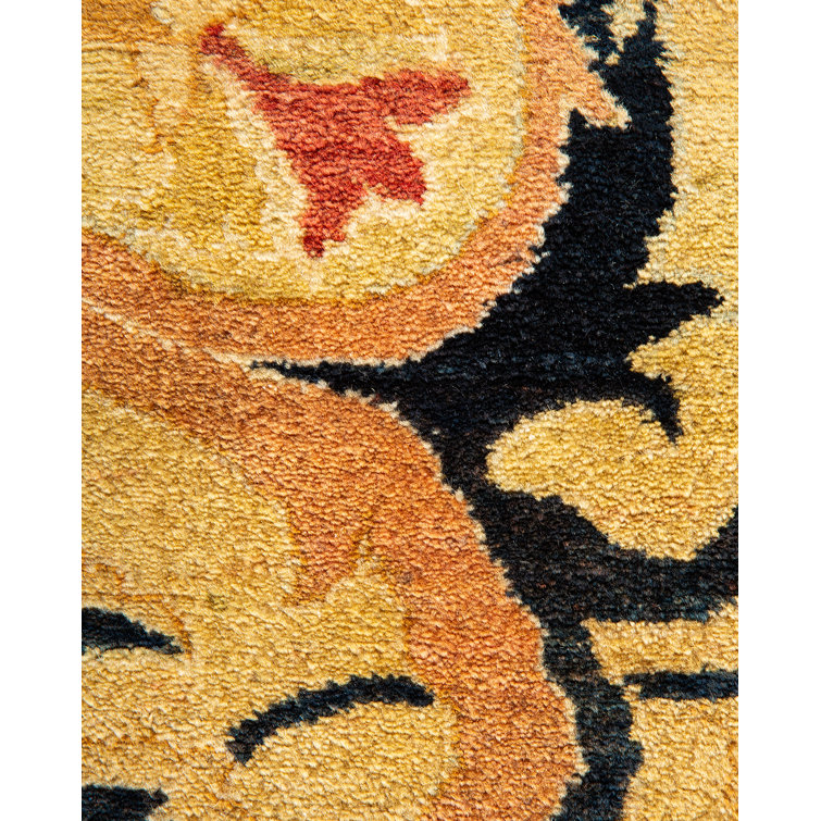 Hand-Knotted Beige and Black Wool Floral Area Rug
