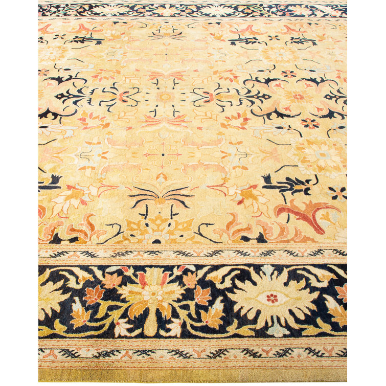 Hand-Knotted Beige and Black Wool Floral Area Rug