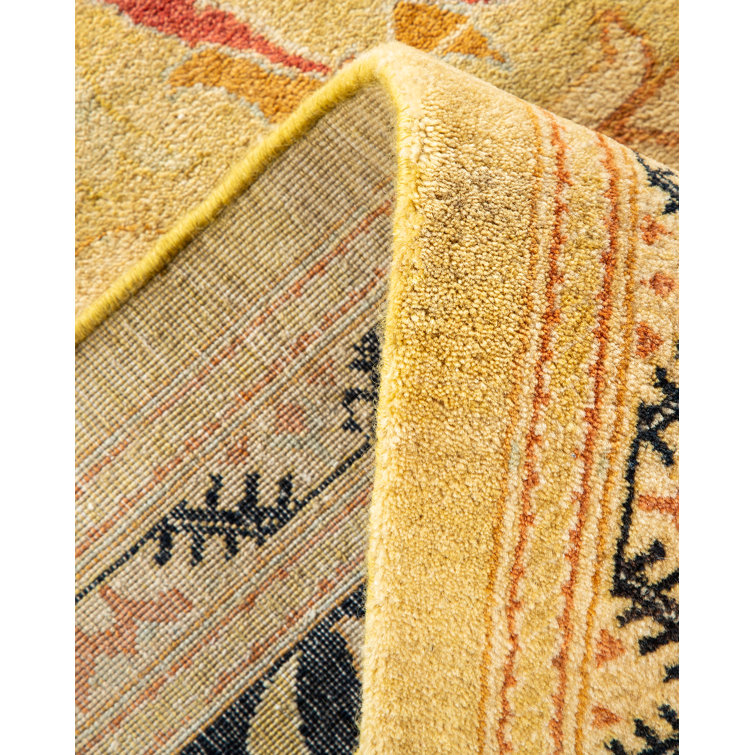 Hand-Knotted Beige and Black Wool Floral Area Rug