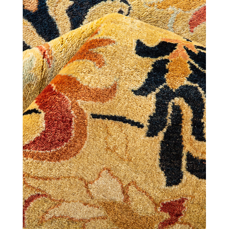 Hand-Knotted Beige and Black Wool Floral Area Rug