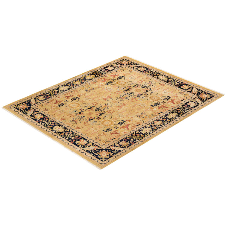 Hand-Knotted Beige and Black Wool Floral Area Rug