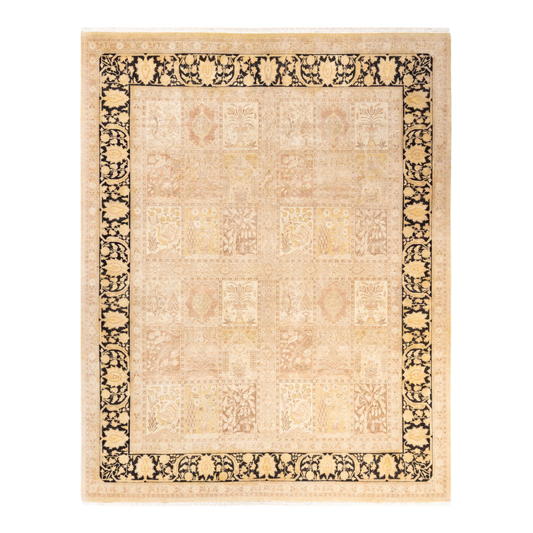 Hand-Knotted Ivory Wool Rectangular Area Rug with Fringe