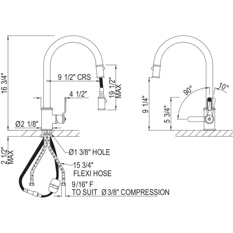 16 3/4" Chrome Brass Pull Down Kitchen Faucet