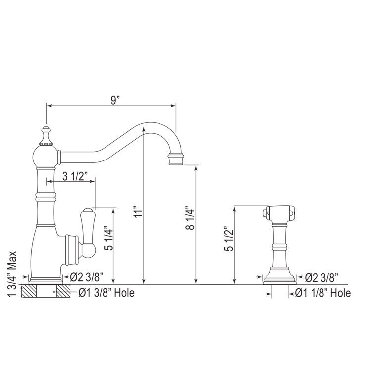 Elegant 11" Polished Nickel Kitchen Faucet with Side Spray