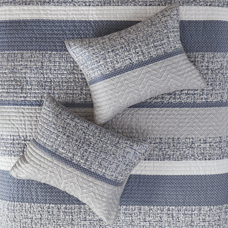 Navy Reversible Jacquard Full Quilt Set with Throw Pillows