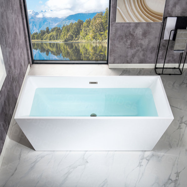 White Acrylic Freestanding Rectangular Bathtub with Brushed Nickel Drain