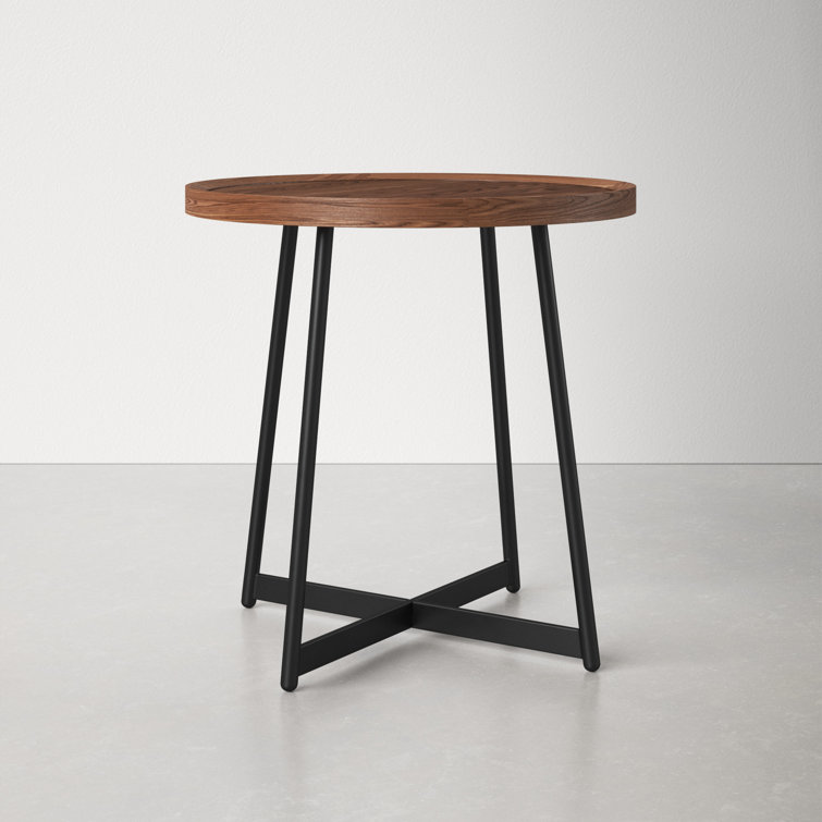Walnut and Black Round Metal Cross Legs End Table