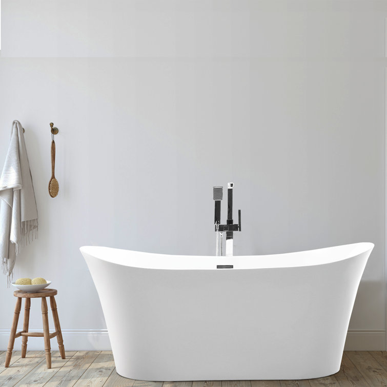 67-Inch White Acrylic Freestanding Soaking Bathtub with Polished Chrome Overflow
