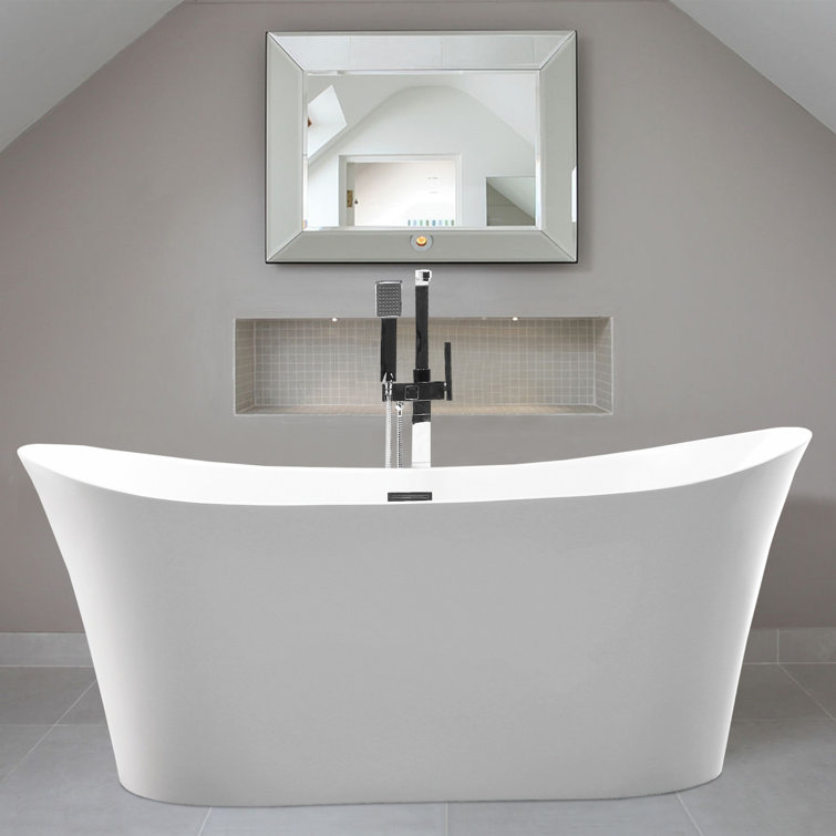 67-Inch White Acrylic Freestanding Soaking Bathtub with Polished Chrome Overflow