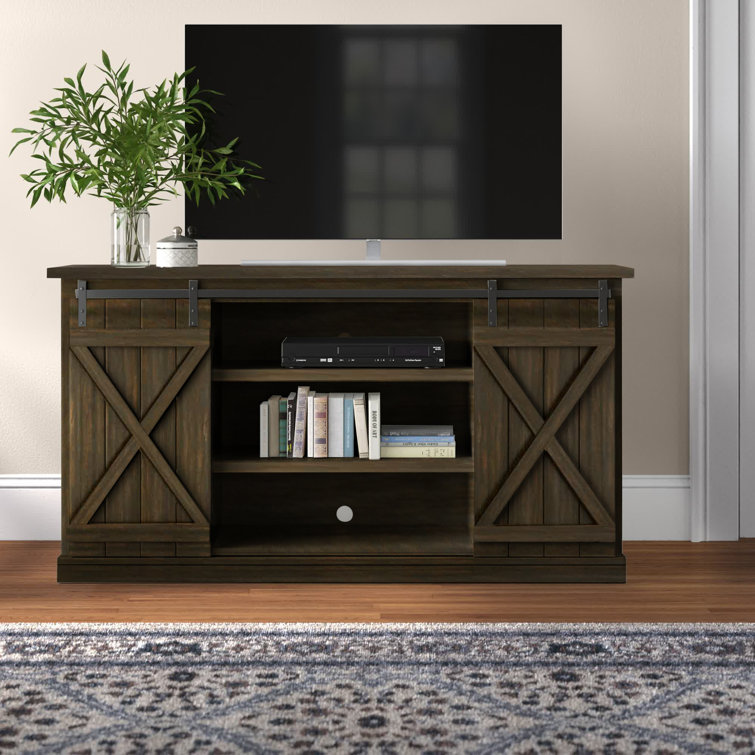 Sawcut Espresso 63" Brown Wood TV Stand with Sliding Barn Doors