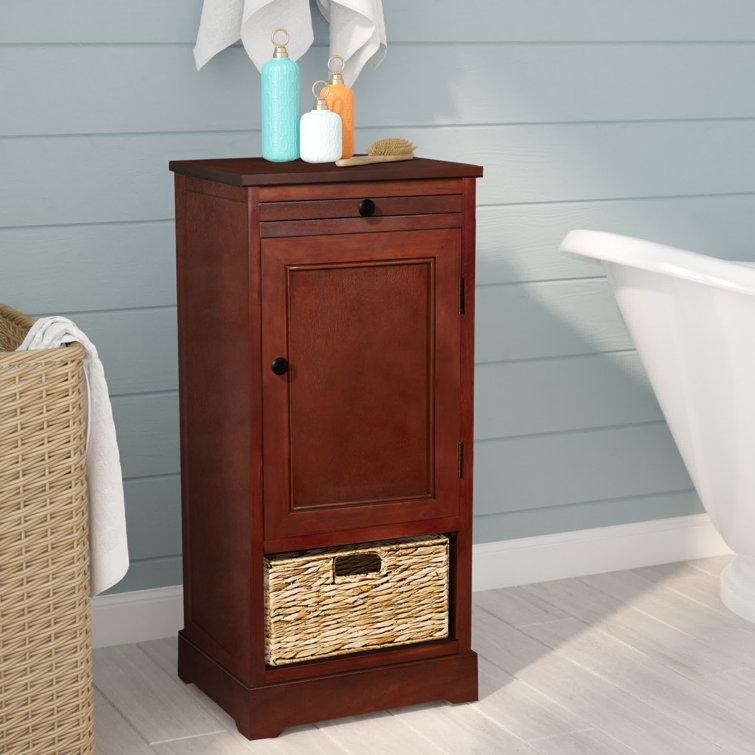 Dark Cherry Tall Accent Cabinet with Woven Basket