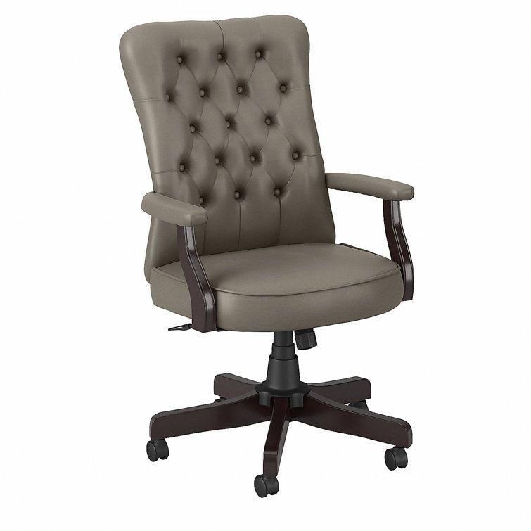 High-Back Swivel Office Chair with Adjustable Arms in Washed Gray Leather