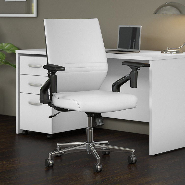 White Adjustable Swivel Leather Task Chair with Chrome Base