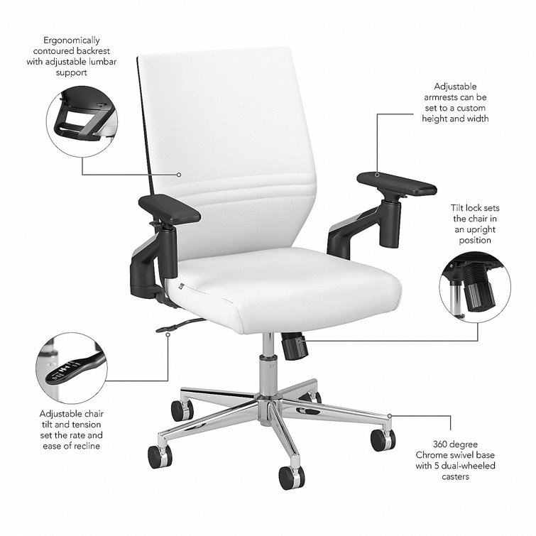 White Adjustable Swivel Leather Task Chair with Chrome Base