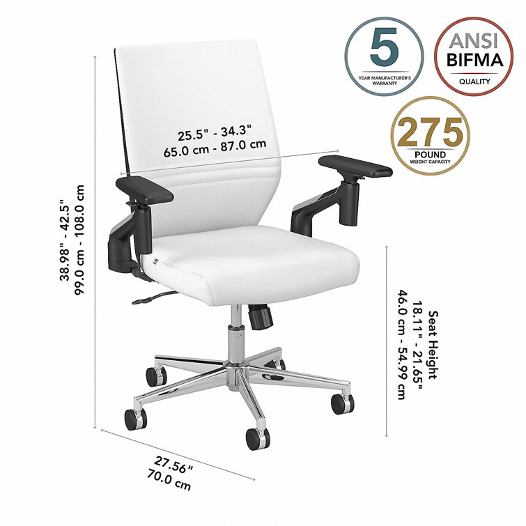White Adjustable Swivel Leather Task Chair with Chrome Base