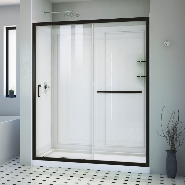 Matte Black Clear Glass Sliding Shower Kit with Left Drain