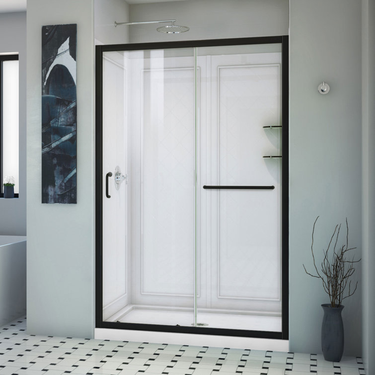 Infinity-Z Matte Black Frameless Sliding Shower Kit with Base