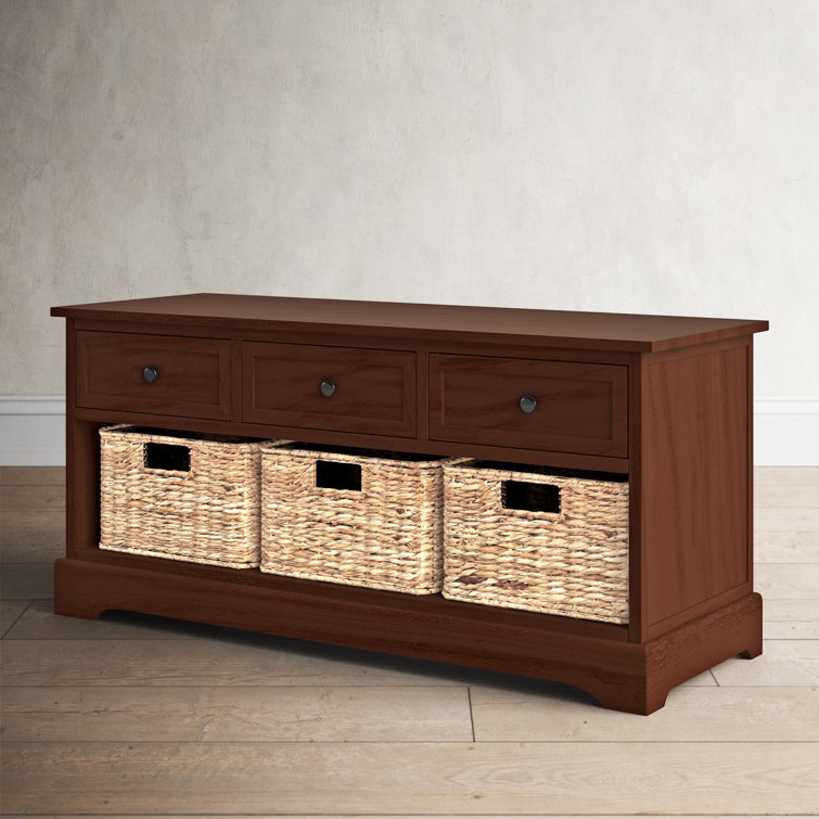 Transitional Damien Dark Cherry Pine Storage Bench with Wicker Baskets