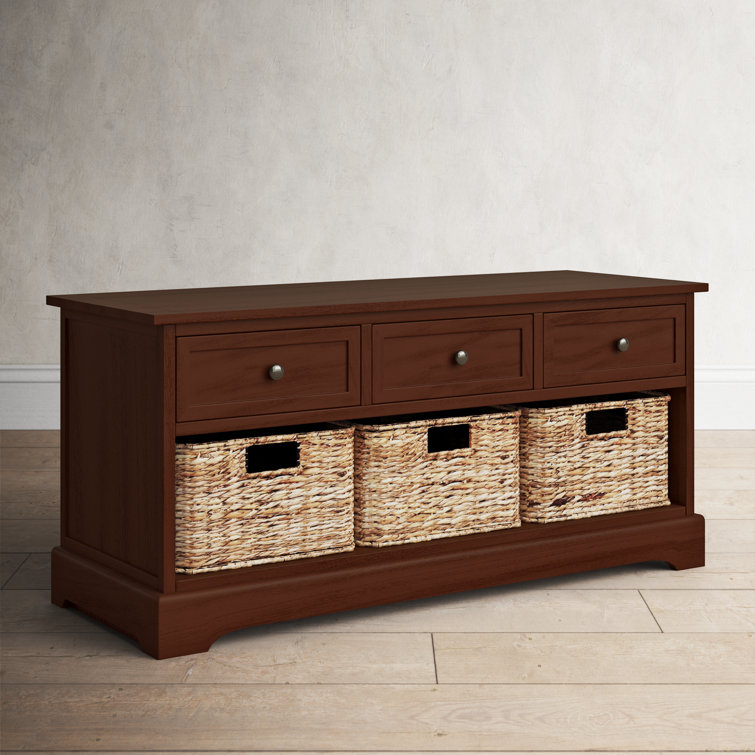 Transitional Damien Dark Cherry Pine Storage Bench with Wicker Baskets