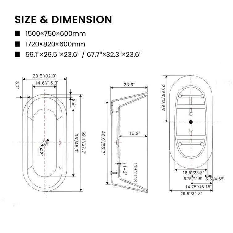 67.7" Black and White Acrylic Freestanding Bathtub