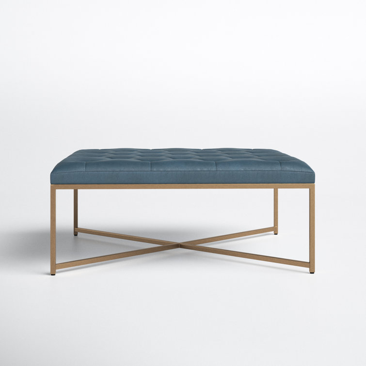 Contemporary Tufted Blue Ottoman in Genuine Leather