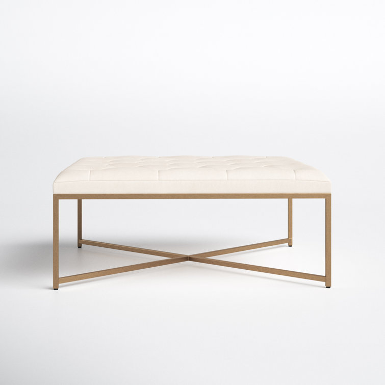 Vanilla Tufted Leather Ottoman with Brass Frame