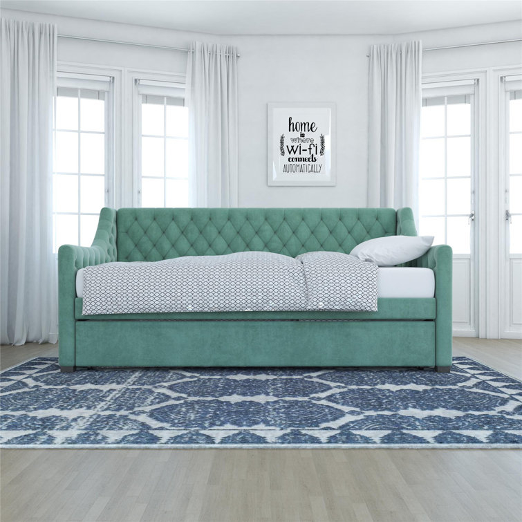 Teal Velvet Twin Daybed with Tufted Upholstery and Trundle