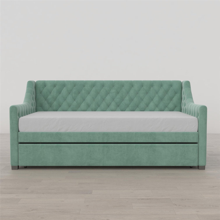 Teal Velvet Twin Daybed with Tufted Upholstery and Trundle