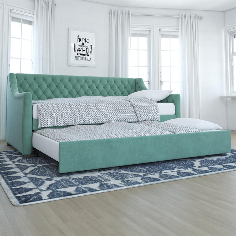 Teal Velvet Twin Daybed with Tufted Upholstery and Trundle