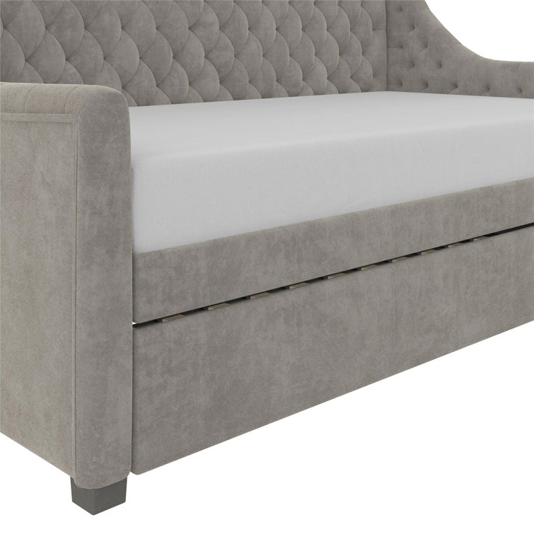 Light Gray Velvet Twin Daybed with Trundle and Tufted Upholstery