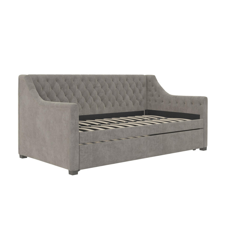 Light Gray Velvet Twin Daybed with Trundle and Tufted Upholstery