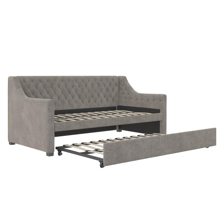 Light Gray Velvet Twin Daybed with Trundle and Tufted Upholstery