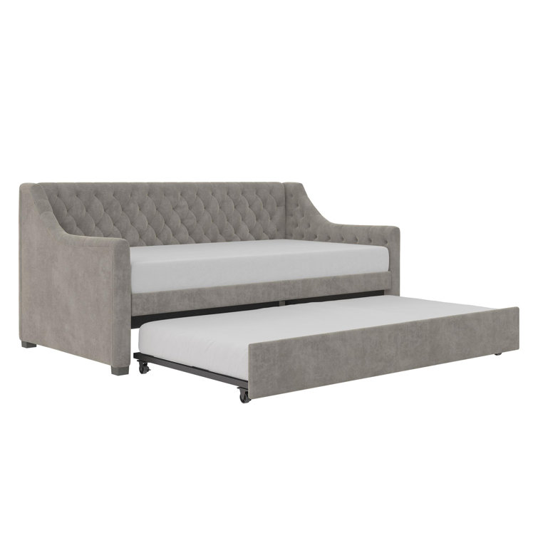Light Gray Velvet Twin Daybed with Trundle and Tufted Upholstery