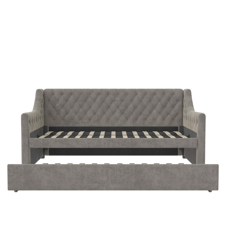 Light Gray Velvet Twin Daybed with Trundle and Tufted Upholstery