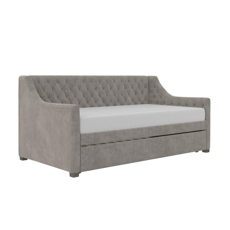 Light Gray Velvet Twin Daybed with Trundle and Tufted Upholstery