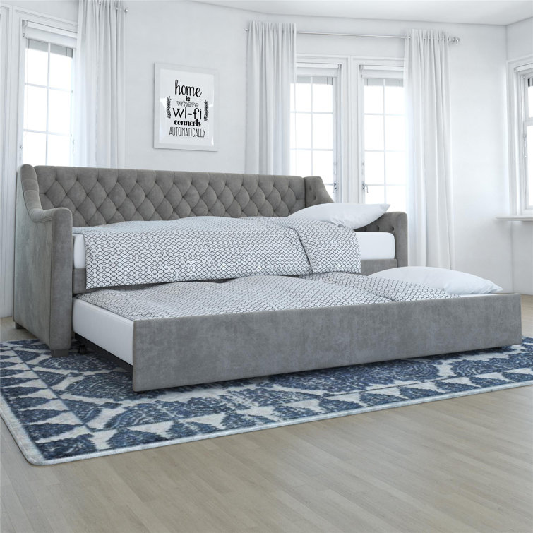 Light Gray Velvet Twin Daybed with Trundle and Tufted Upholstery