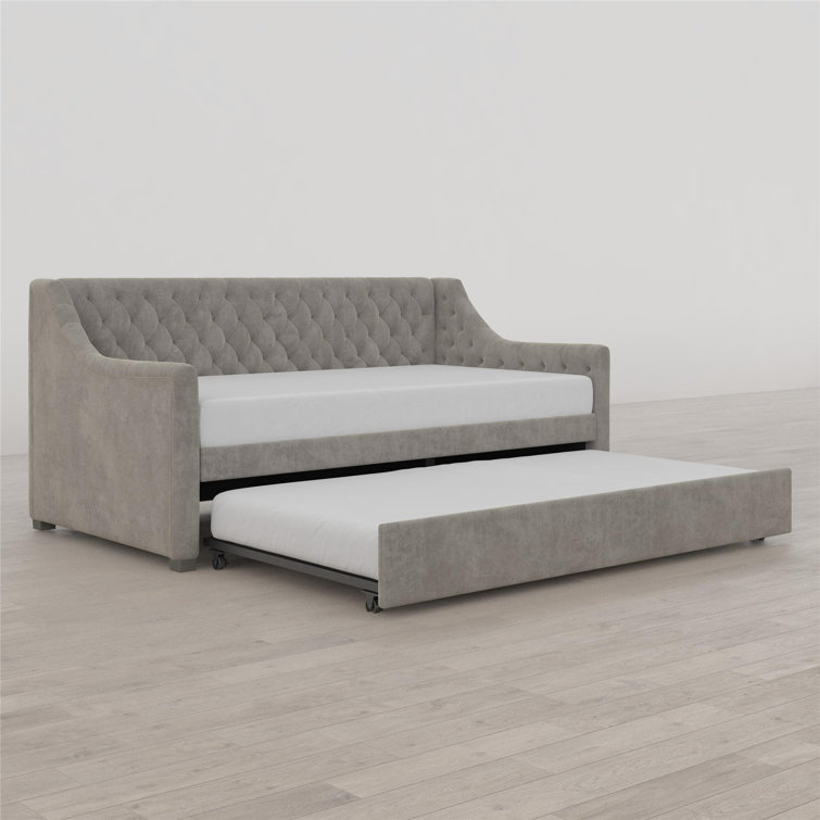 Light Gray Velvet Twin Daybed with Trundle and Tufted Upholstery
