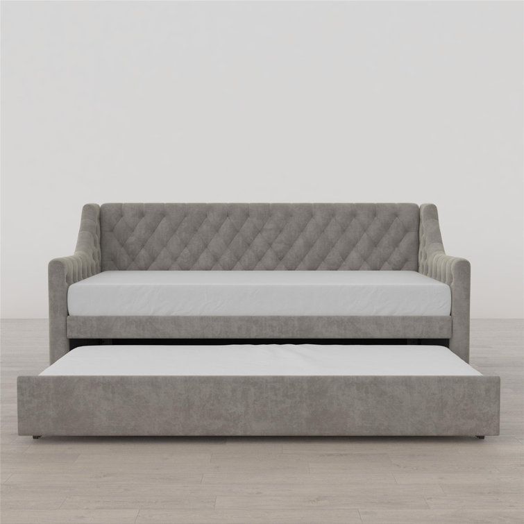 Light Gray Velvet Twin Daybed with Trundle and Tufted Upholstery