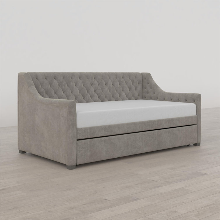 Light Gray Velvet Twin Daybed with Trundle and Tufted Upholstery