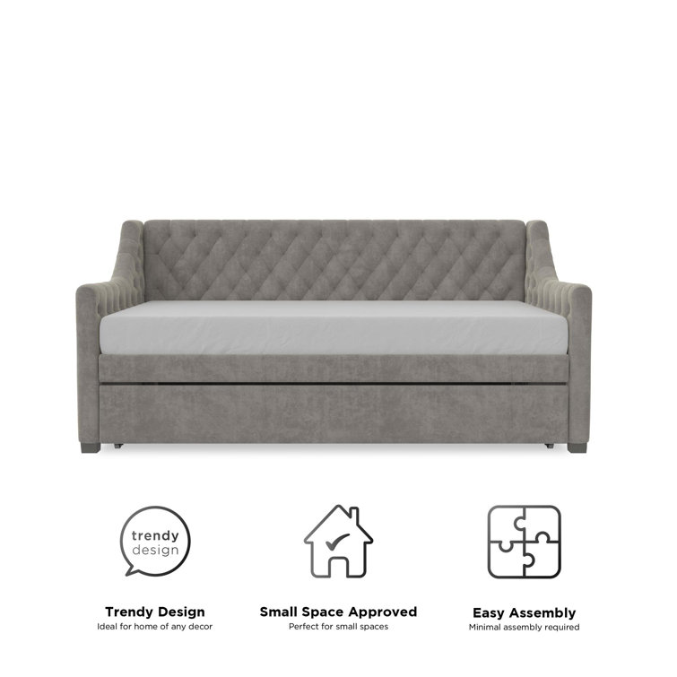 Light Gray Velvet Twin Daybed with Trundle and Tufted Upholstery
