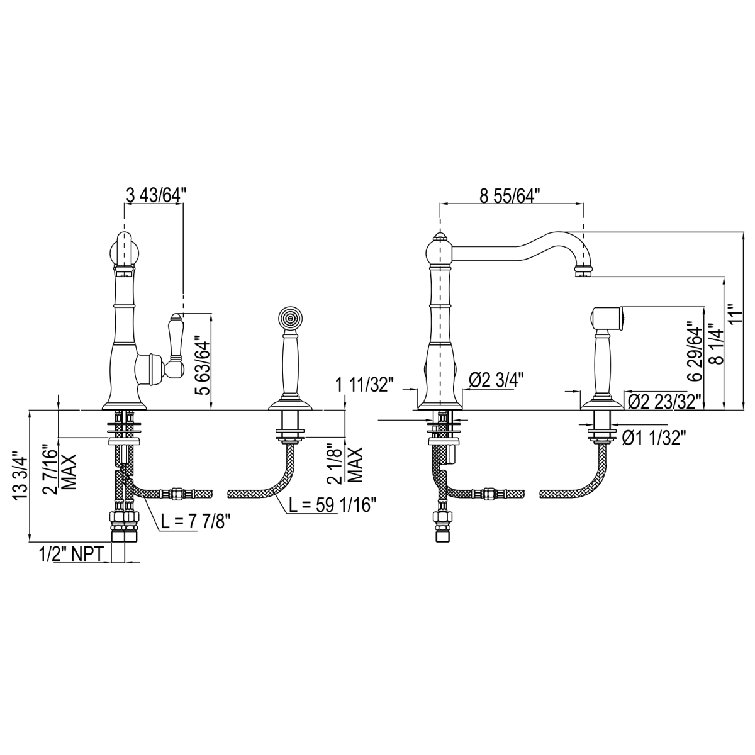Traditional Polished Nickel 11" Kitchen Faucet with Sidespray