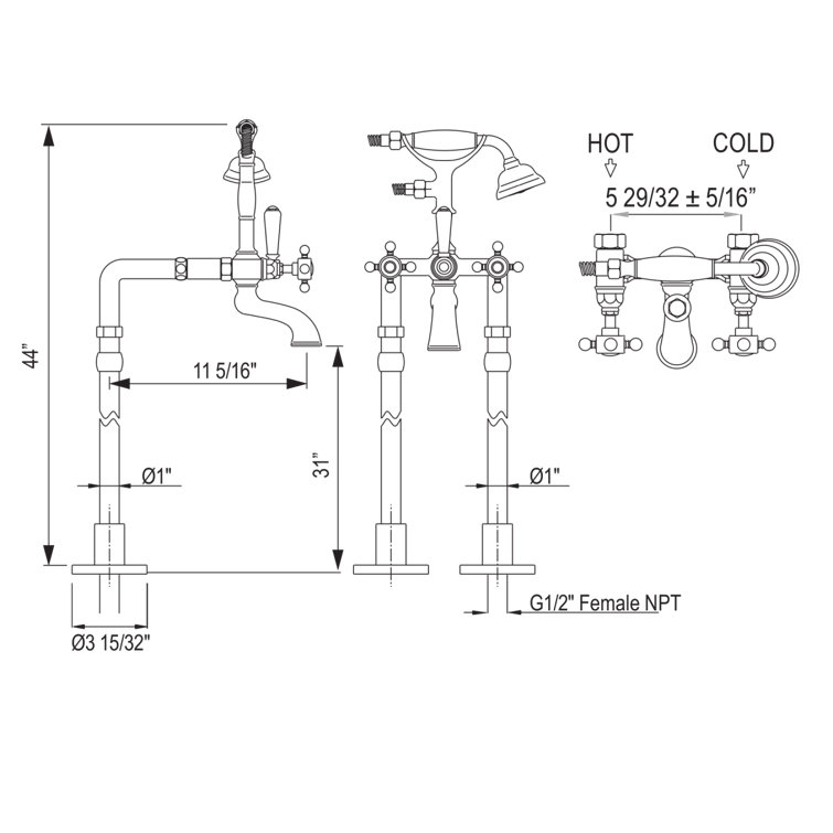 Italian Brass Floor Mounted Tub Filler with Handshower
