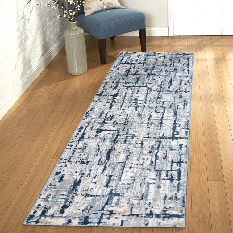 Blue and Gray Tufted Reversible Synthetic Runner Rug