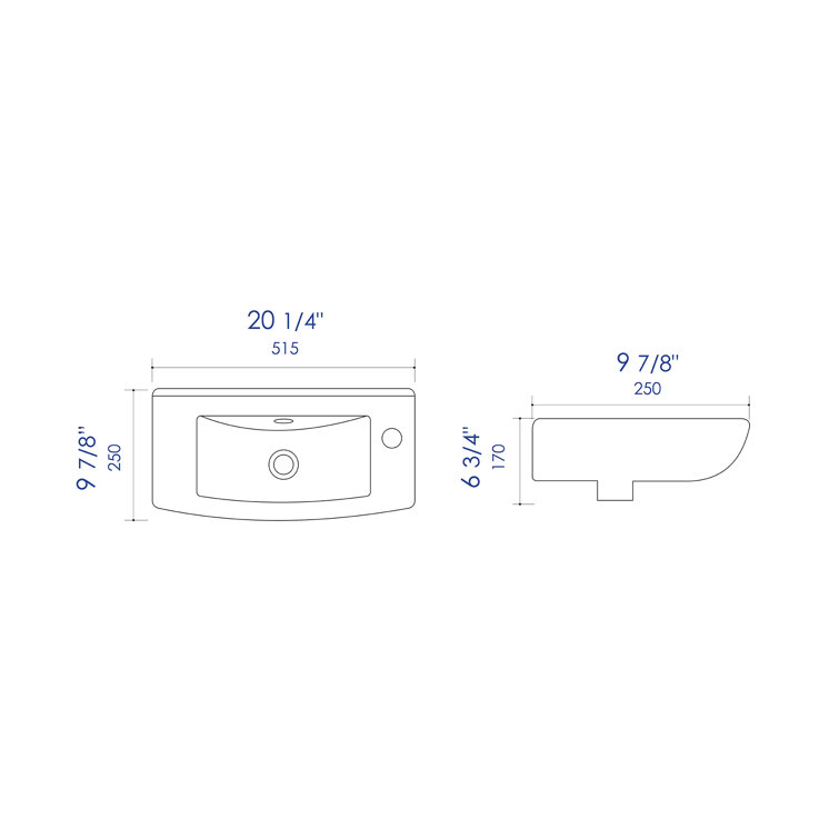 White Ceramic Wall-Mounted Rectangular Bathroom Sink with Faucet Hole