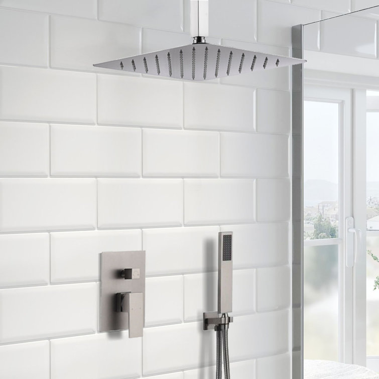 Brushed Nickel Dual Ceiling Mount Rain Shower System with Handheld
