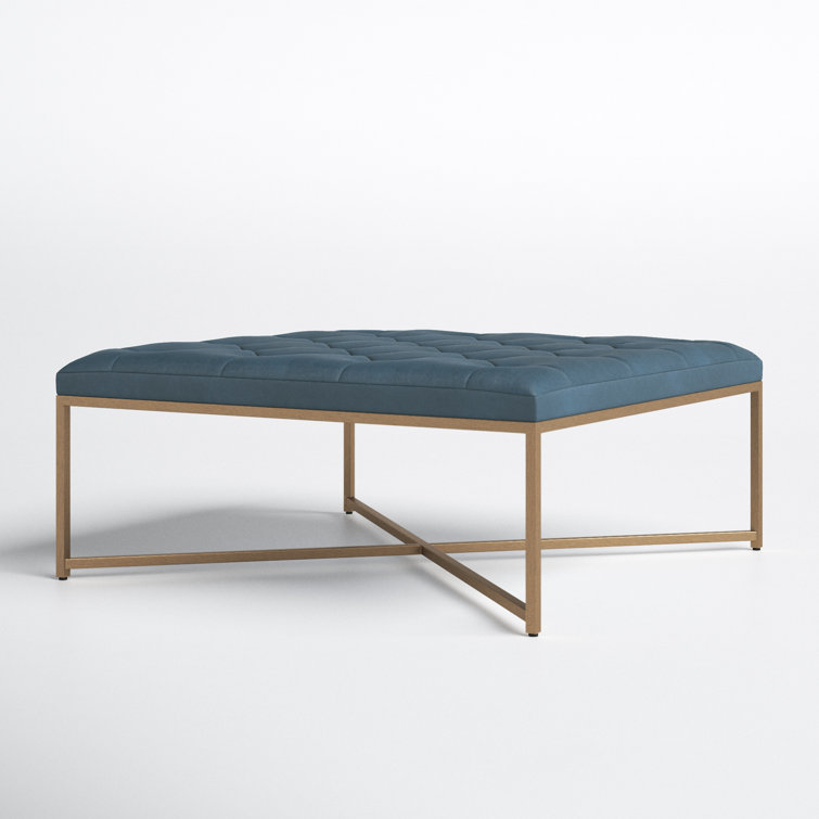 Contemporary Tufted Blue Ottoman in Genuine Leather