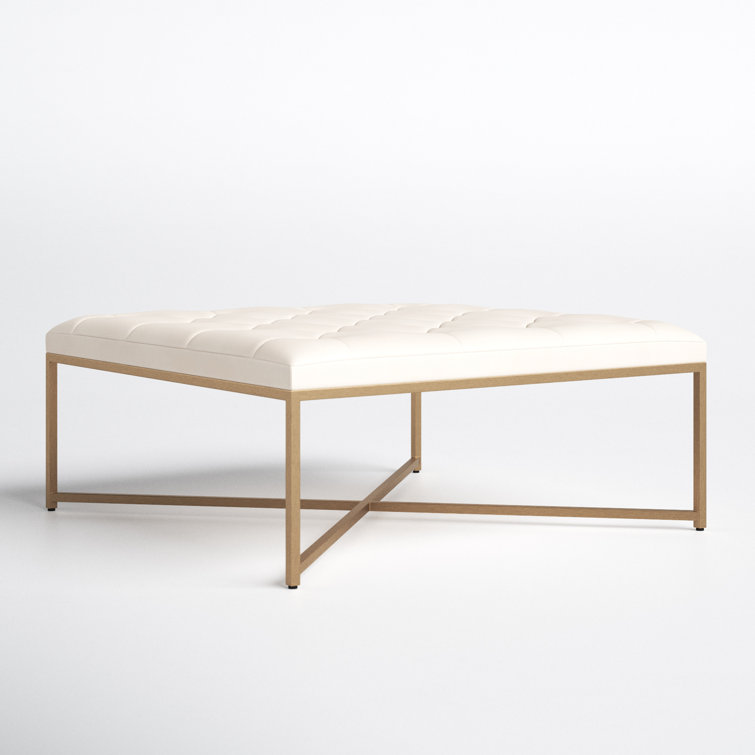 Vanilla Tufted Leather Ottoman with Brass Frame