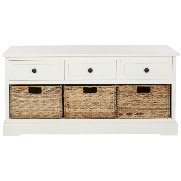 Distressed Cream Pine Storage Bench with 3 Drawers & Wicker Baskets