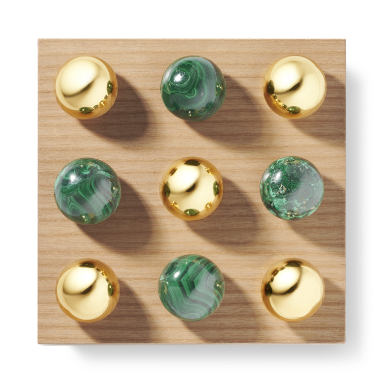 Luxurious Ashwood Tic Tac Toe Set with Malachite and Brass Pieces