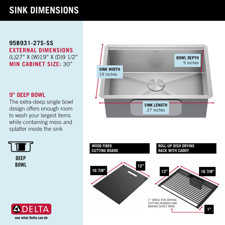 Delta Rivet 27" Stainless Steel Workstation Kitchen Sink with WorkFlow Ledge